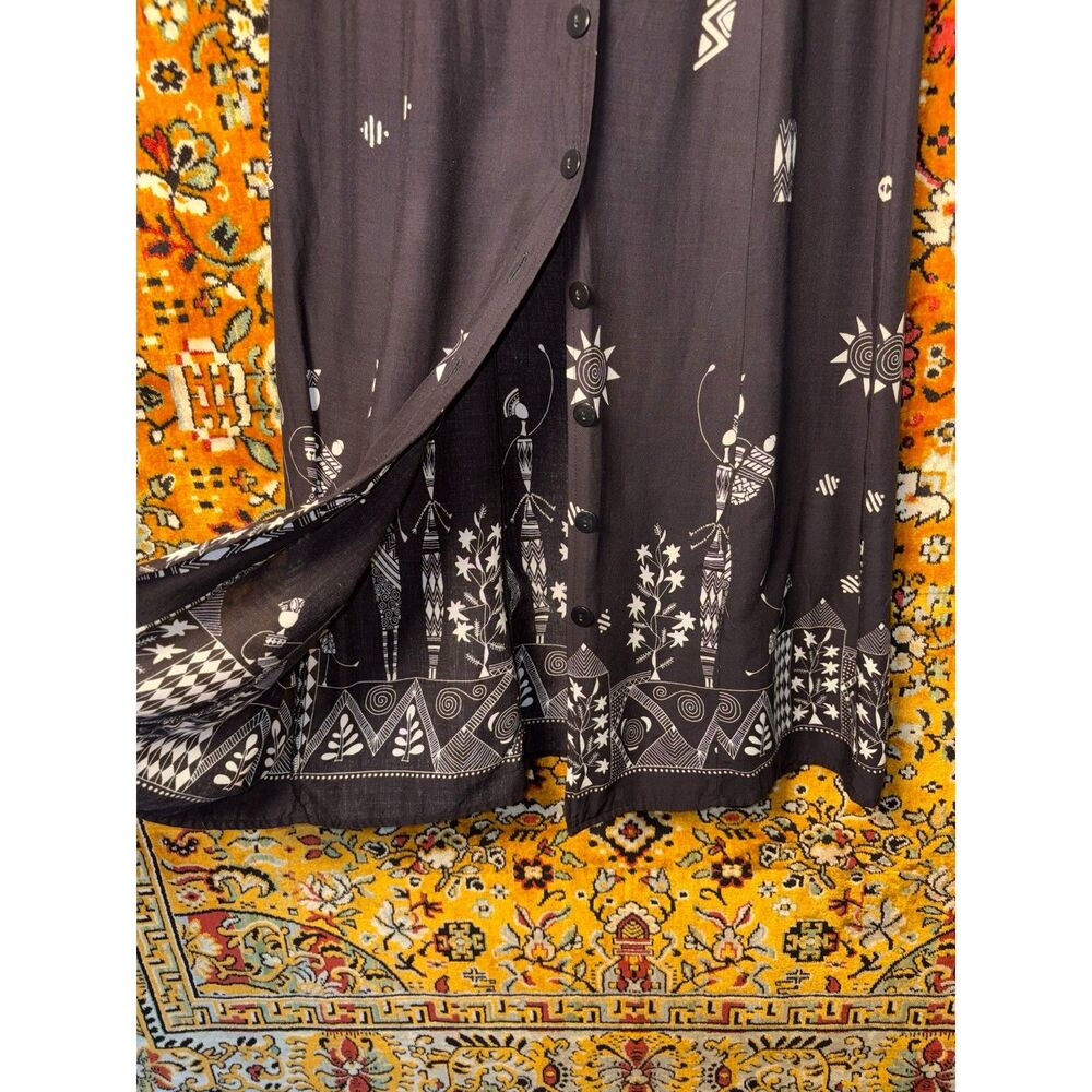 VTG Black White Folk Art Print Button Front Midi Dress w/Strappy Back sz 8 - Picture 6 of 10